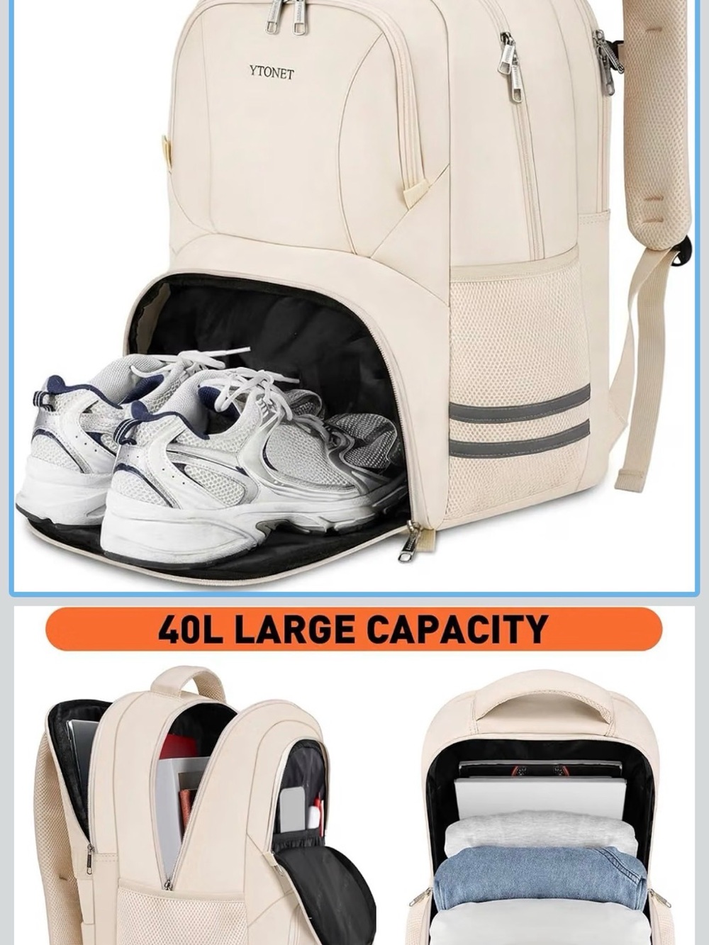 Beige 40L Men’s Travel & Gym Backpack with Shoe Compartment